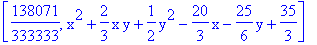 [138071/333333, x^2+2/3*x*y+1/2*y^2-20/3*x-25/6*y+35/3]